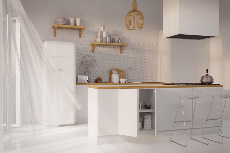  Moderna kuhinja u skandinavskom stilu kombinacija drveta i bele boje