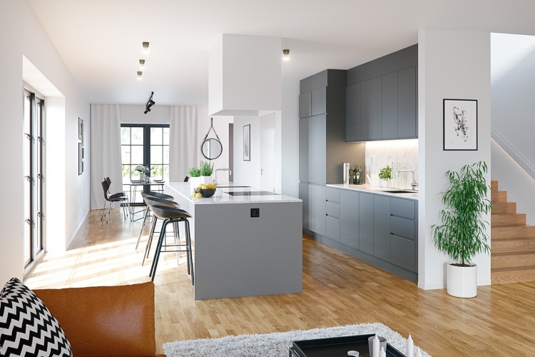 Moderna kuhinja u skandinavskom stilu sa sivim elementima i drvenim podom