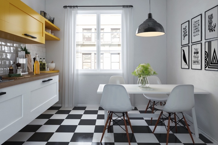  Moderna kuhinja u skandinavskom stilu sa mozaičkim crno-belim podom