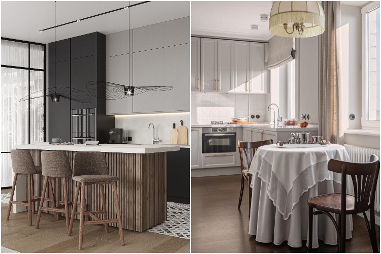  Moderna kombinacija kuhinje i trpezarije u svetlijim nijansama sive boje