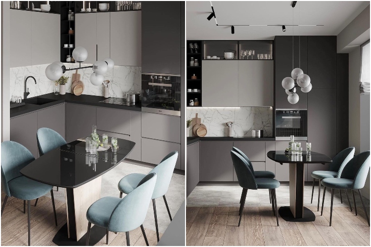  Moderna kombinacija kuhinje i trpezarije u tamnijim nijansama sive boje