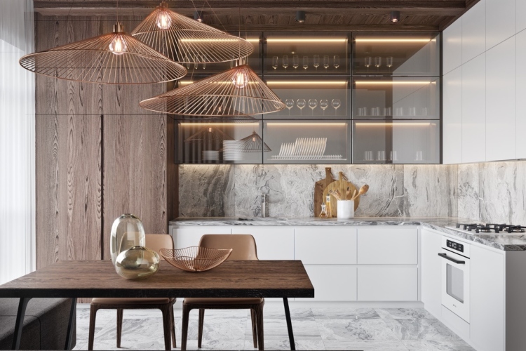  Moderna kuhinja L-oblika kombinuje drvene i elemente u beloj boji