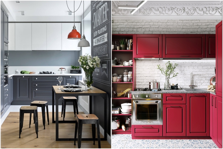  Moderna kuhinja L-oblika u tamnijim nijansama sive i crvene boje