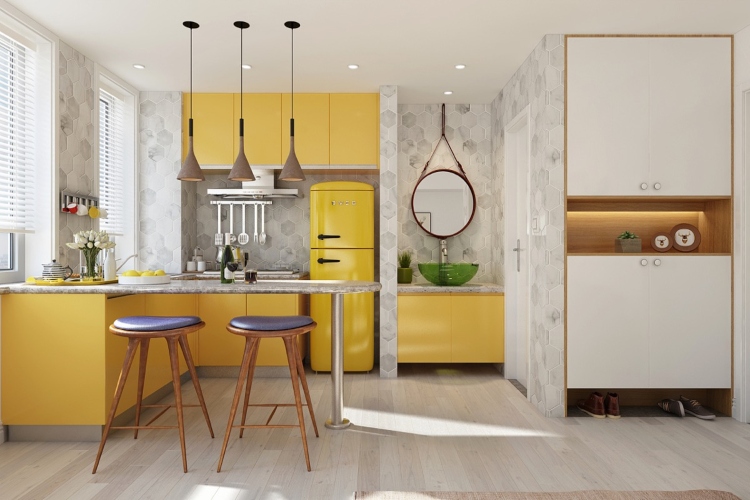  Moderna kuhinja L-oblika sa žutim kuhinjskim ormarićima