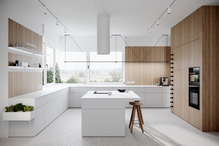  Moderna kuhinja L-oblika kombinacija drvenih i belih kuhinjskih elemenata