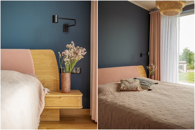  Pogled na spavaću sobu kuće uređene u modernom organskom stilu