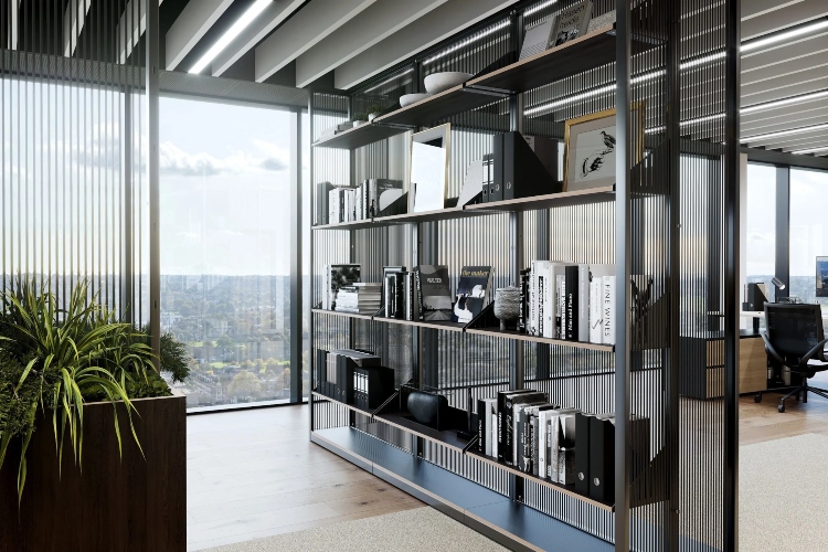  Moderna kancelarija sa zanimljivim rešenjem u vidu otvorenih polica za skladištenje