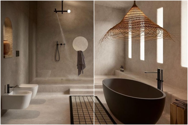  Moderno kupatilo sa skulpturalnim elementima u nijansama boje peska