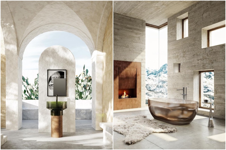  Moderno kupatilo sa skulpturalnim elementima u neutralnoj nijansi