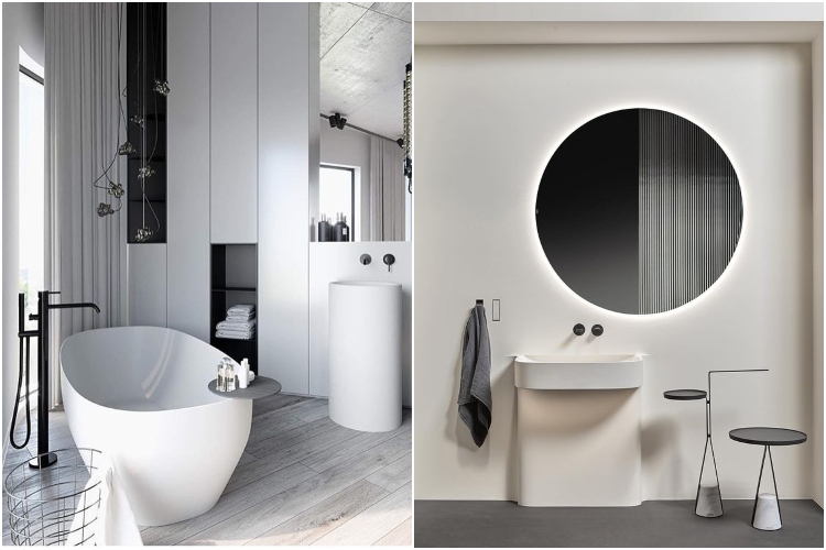  Moderno kupatilo sa skulpturalnim elementima u beloj i svetlo bež boji