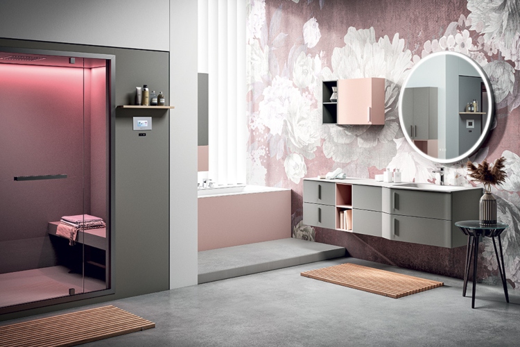  Moderno kupatilo u nijansama ružičaste boje sa sivim ormarićima