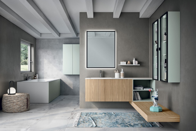  Moderno kupatilo u nijansama sive boje sa drvenim ormarićima