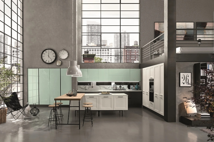  Moderna minimalistička kuhinja sa sivim zidovima i pastelno zelenim elementima