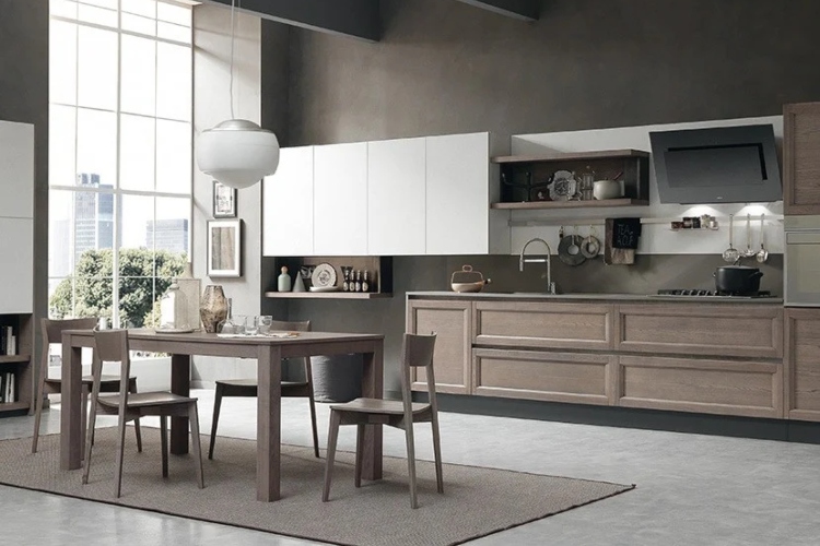  Moderna minimalistička kuhinja u nijansama sive boje sa drvenim ormarićima