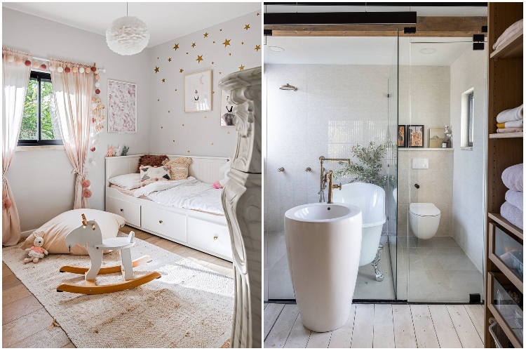  Pogled na dečju sobu i kupatilo opremljeno u modernom priobalnom stilu