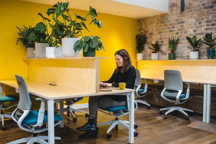  Moderna kancelarija u industrijskom stilu sa žutim akcentnim zidom