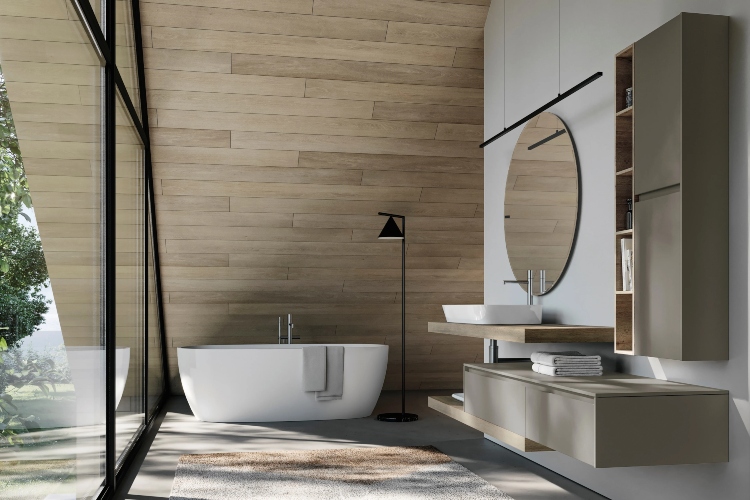  Moderno minimalističko kupatilo sa drvenim detaljima i belom samostojećom kadom
