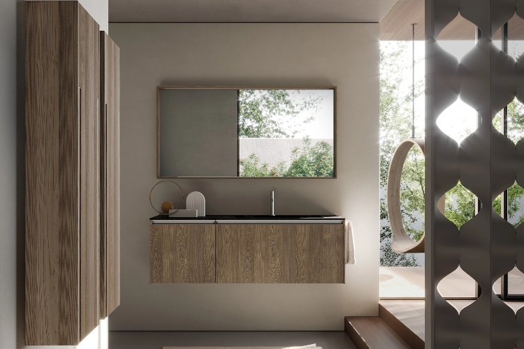  Moderno minimalističko kupatilo sa drvenim elementima i ogledalom