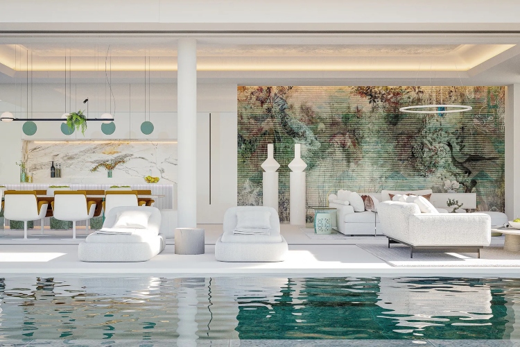  Pogled na otvorene prostore i bazen luksuzne vile u Marbelji