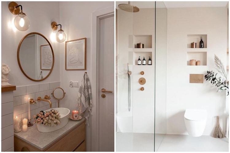  Kupatilo u boho stilu sa drvenim i belim elementima i dobrim osvetljenjem