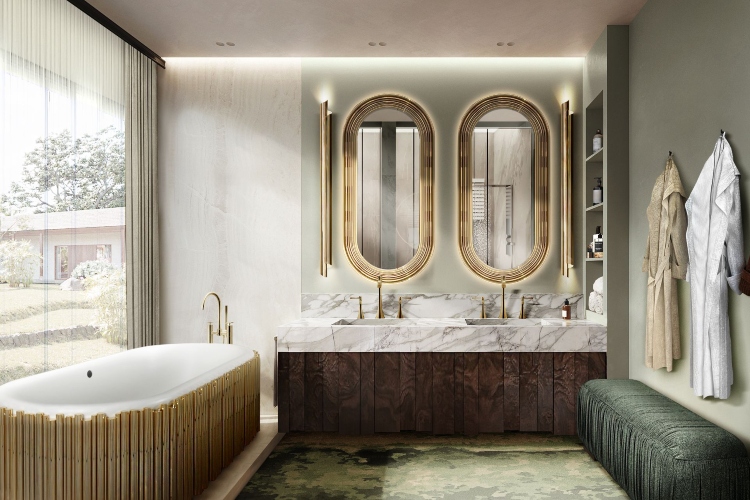  Luksuzno moderno kupatilo sa elementima u zlatnoj i boji drveta