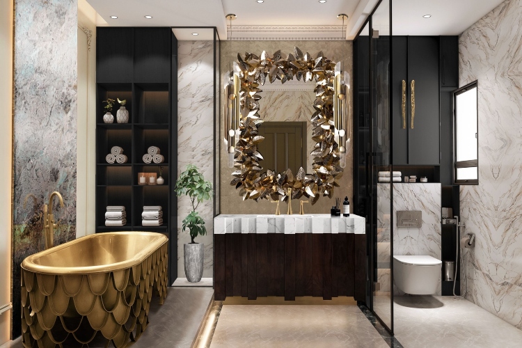  Luksuzno moderno kupatilo sa elementima u zlatnoj i boji uglja