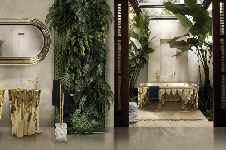  Luksuzno moderno kupatilo sa zlatnim detaljima i biljkama