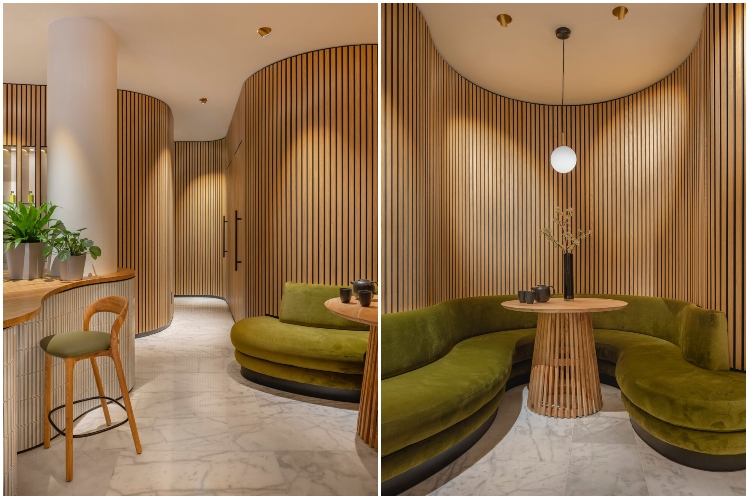  Pogled na kombinaciju drveta i zelene boje u okviru holandskog salona za masažu