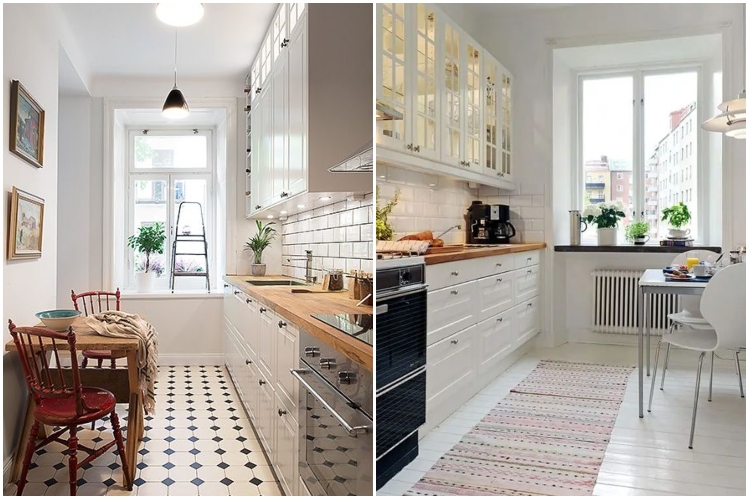  Mala moderna kuhinja sa belim kuhinjskim ormarićima i podovima