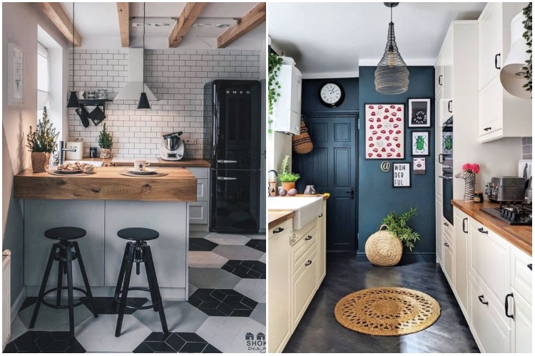  Mala moderna kuhinja sa plavim akcentnim zidom i drvenim elementima