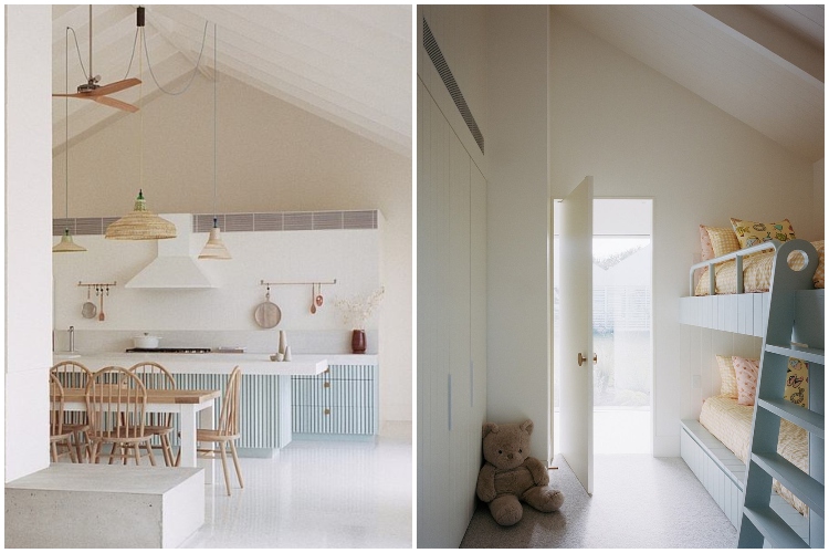  Pogled na minimalistički uređen dnevni boravak i dečju spavaću sobu