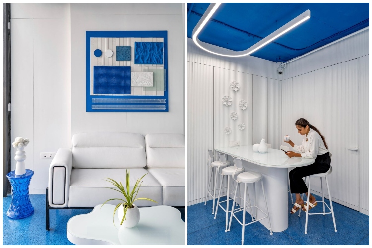  Pogled na udoban kancelarijski prostor dekorisan plavo-belom paletom boja