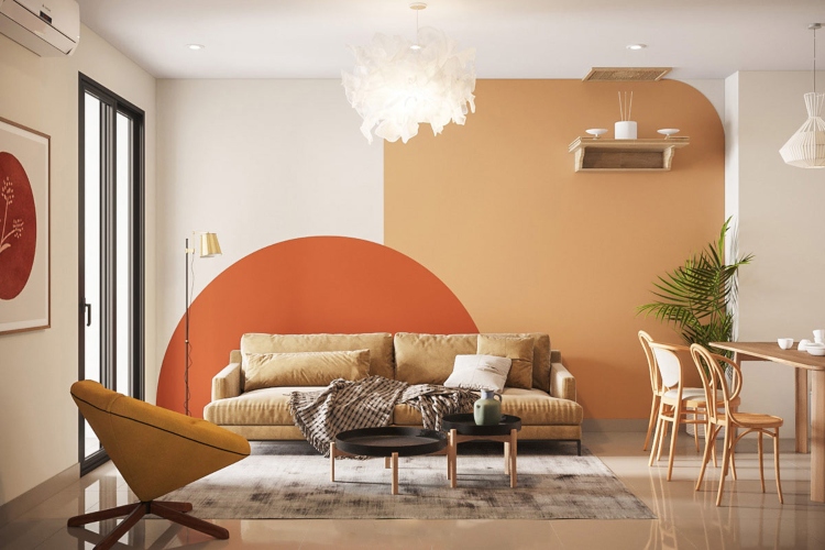  Kombinacija svetle i tamnije narandžaste boje na zidu dnevnog boravka