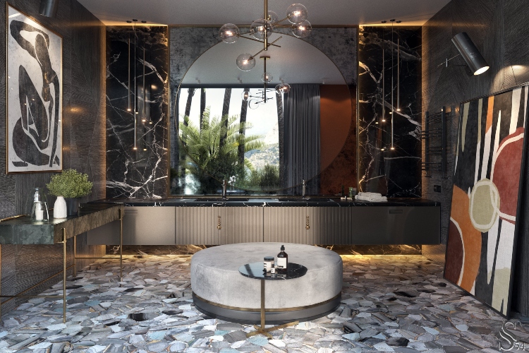 Luksuzno kupatilo u nijansama braon boje sa velikim okruglim ogledalom