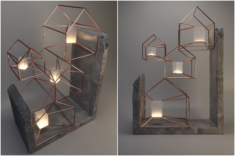 Četiri kućice u lampi predstavljaju četiri elementa i izrađene su od bakra
