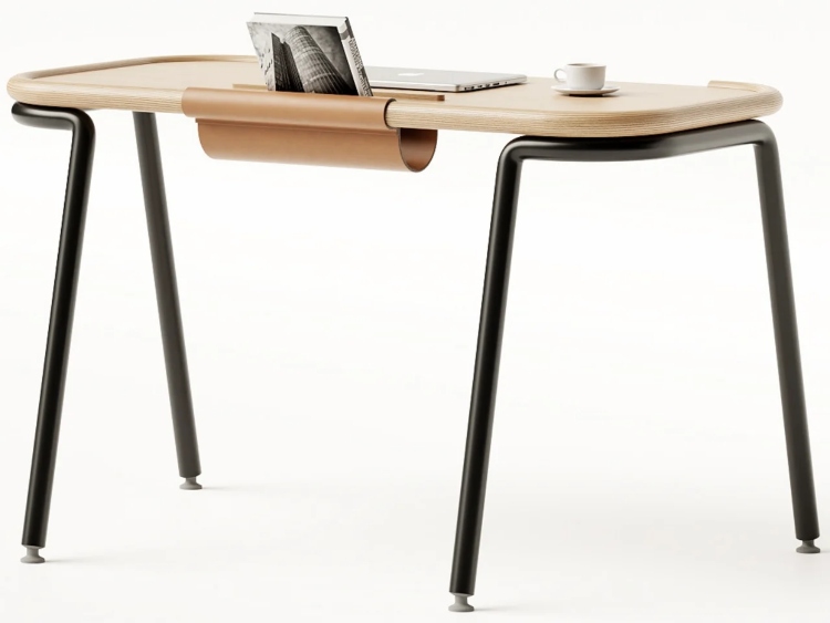 Minimalistički dizajn radnog stola u sebi krije integrisani kožni stalak za knjige