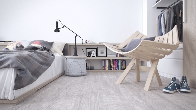Niska drvena stolica savršeno prati nisku liniju bračnog kreveta