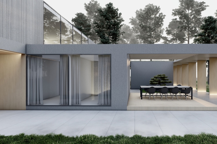 Pogled na terasu i otvorene prostore minimalističkog modernog doma